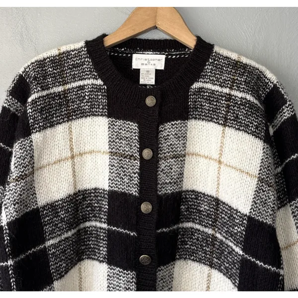 Vintage Boxy Plaid Sweater Size Medium Wool Cardigan Preppy Old Money Academia - Image 3