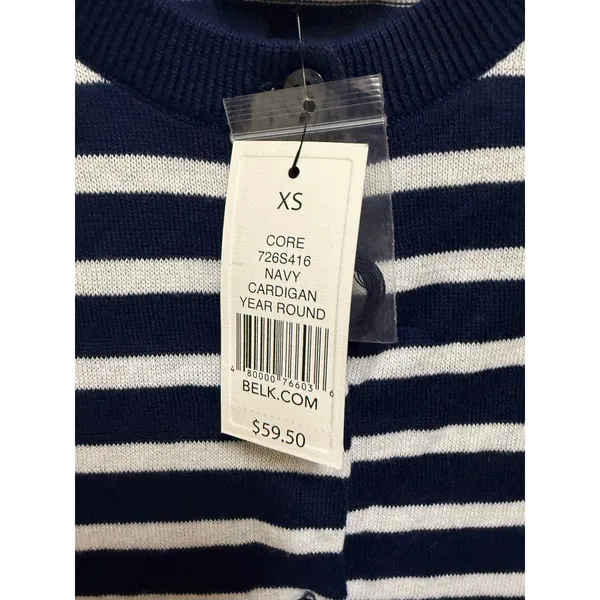 Crown & Ivy XS Navy Cream Stripe Cotton Scallop Hem Button Cardigan NWT - Image 8