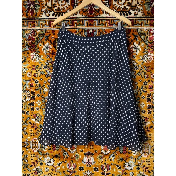 y2K Anne Klein Navy White Polka Dot Chiffon Flared Skirt Sz 8 - Image 2