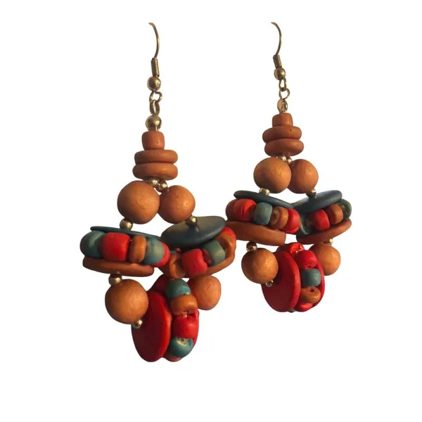 Vintage Southwestern Dangle Earrings Terra Cotta Red Blue Beads Hooks 3" Estate - Image 2