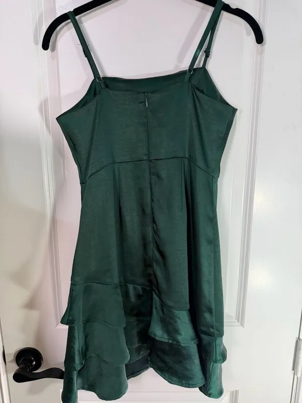 Lulus Emerald Green Satin Spaghetti Strap Layered Ruffle Hem Mini Dress XS - Image 4