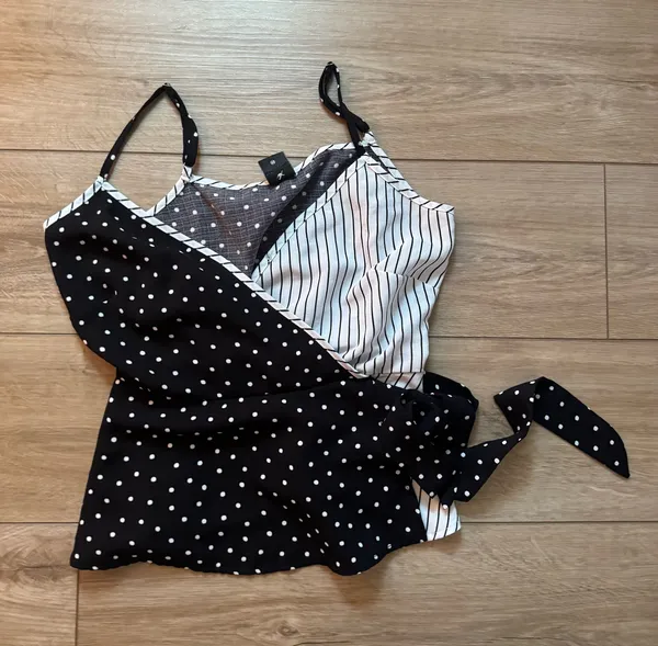 Stylish Black and White Polka Dot and Striped Women's Top - Image 2