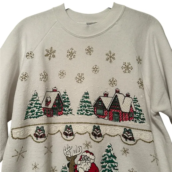 Vintage Oneita Ugly Christmas Sweatshirt 90s Santa Reindeer Cottage Size Med - Image 3