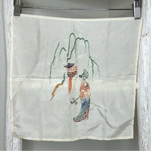 Vintage Japanese Embroidered Silk Handkerchief Geisha‎ Pagoda Willow Tree Art - Image 3
