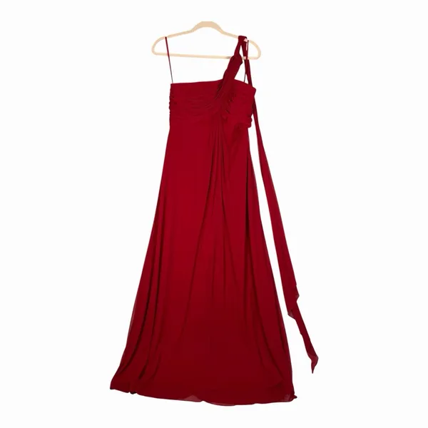 Alex Evenings Size-8 Red Chiffon‎ One Shoulder Empire Waist Evening Gown - Image 3