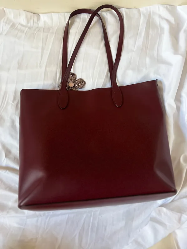 Kate Spade Kerri Medium Tote Bag Burgundy Leather with Glitter Flower Charm - Image 3