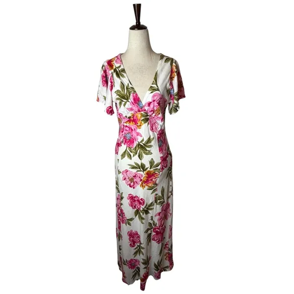 White Closet Maxi Dress Women Medium White Pink Linen Floral Boho Cottagecore - Image 2