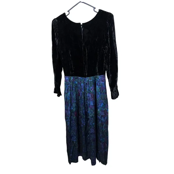 Lanz Originals Vintage Black Velvet Metallic Brocade Floral‎ Midi Dress USA Made - Image 4