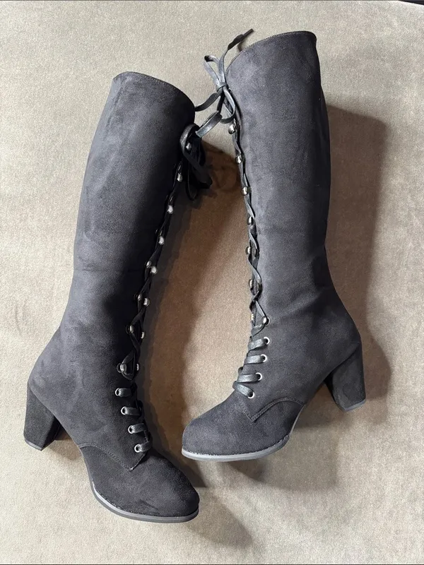 Tall Black Faux Suede Lace-Up Women’s Boots Gothic Size 8.5 (41) NEW - Image 5