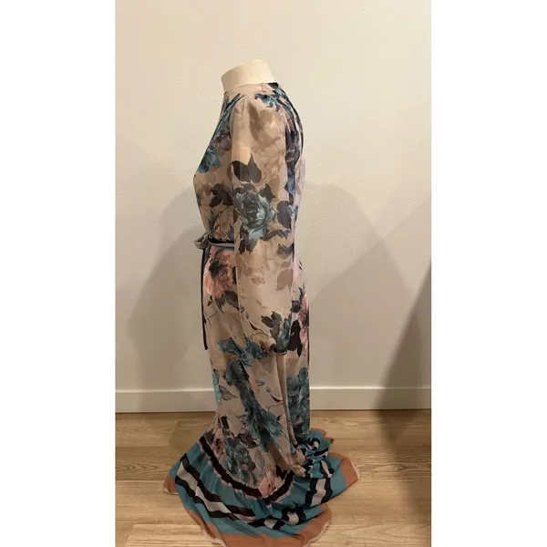 Paper Parachute Floral Maxi Dress Teal Blue Tan Long Sleeve Belted Ruffle XS - Image 3
