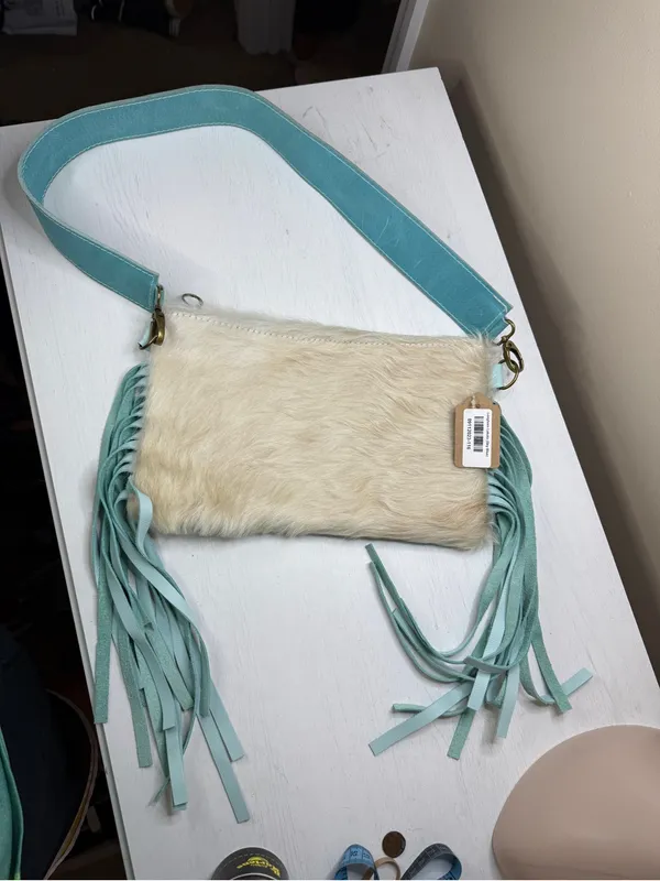 TTT Leathergoods Longhorn Lakota Cowhide Fringe Shoulder Bag Sky Blue - Image 2