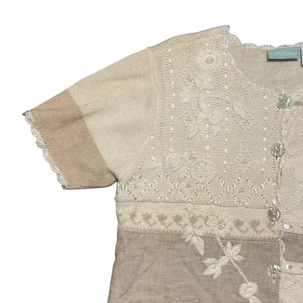 Vintage 220 Hickory Patchwork Crochet Floral Embroidered Cardigan Sweater sz M - Image 5