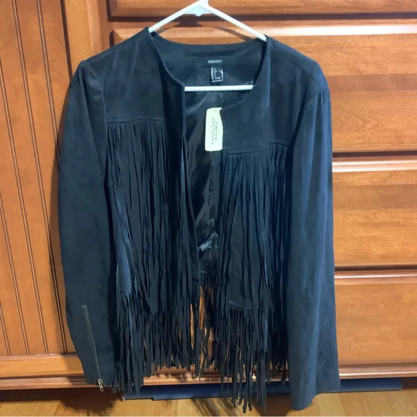 Forever 21 Boho Western Wear Hippie Fringe Cropped Jacket Black Women's Large - Image 9