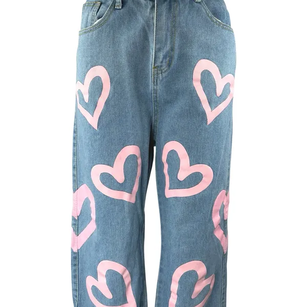 Colorful Natalie Blue Pink Hearts High Waisted Baggy Wide Leg Denim Jeans Size L - Image 4