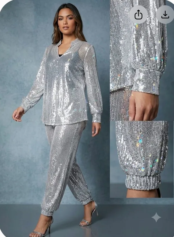 Josey Wynette Silver Sequin Long Sleeve V-Neck Blouse and Matching Jogger Set - Image 2
