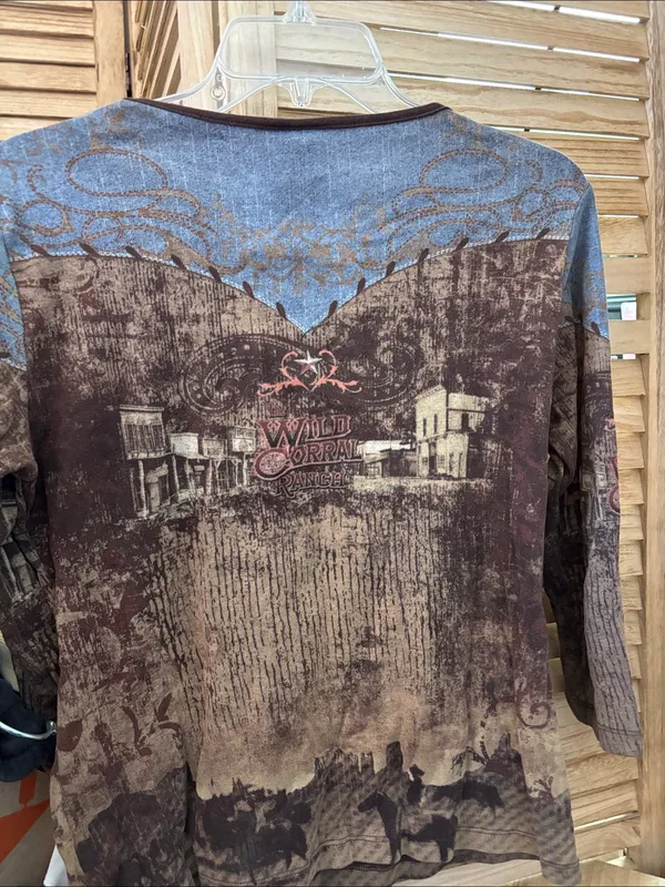 Katina Marie Brown and Blue Western Graphic Long Sleeve Tee Medium - Image 4