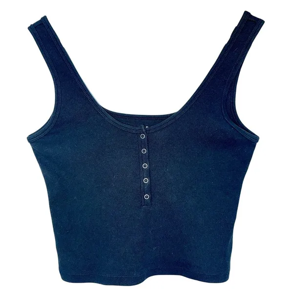 Abercrombie & Fitch Soft AF Rib Black Knit Henley Crop Top Cropped Tank Top Sz M - Image 2
