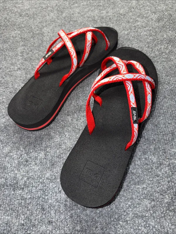 Teva Women's Black Sandals with Red and White Geometric Straps - Image 5