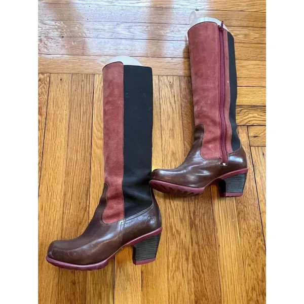 John Fluevog Hopefuls Blossom Tall Boots Burgundy Brown Boho Leather Two Tone 7 - Image 3
