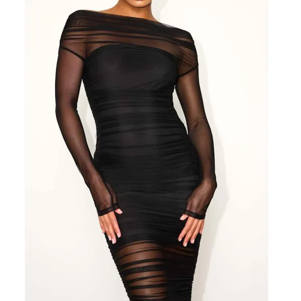 NEW Lulus Sunama Black Mesh Ruched Long Sleeve Bodycon Cocktail Midi Dress Small - Image 2