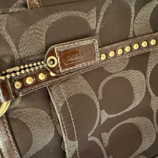 COACH Gallery Metallic Dark Chocolate Bronze Jacquard Signature Studded Tote - Image 5