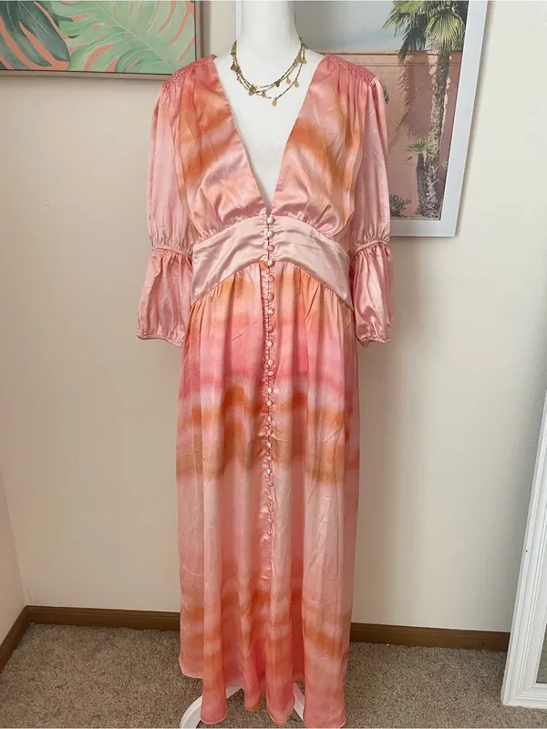 Petal & Pup Alton Pink Orange Dip Tie Dye Puff Sleeve Satin Midi Dress Size XL - Image 4