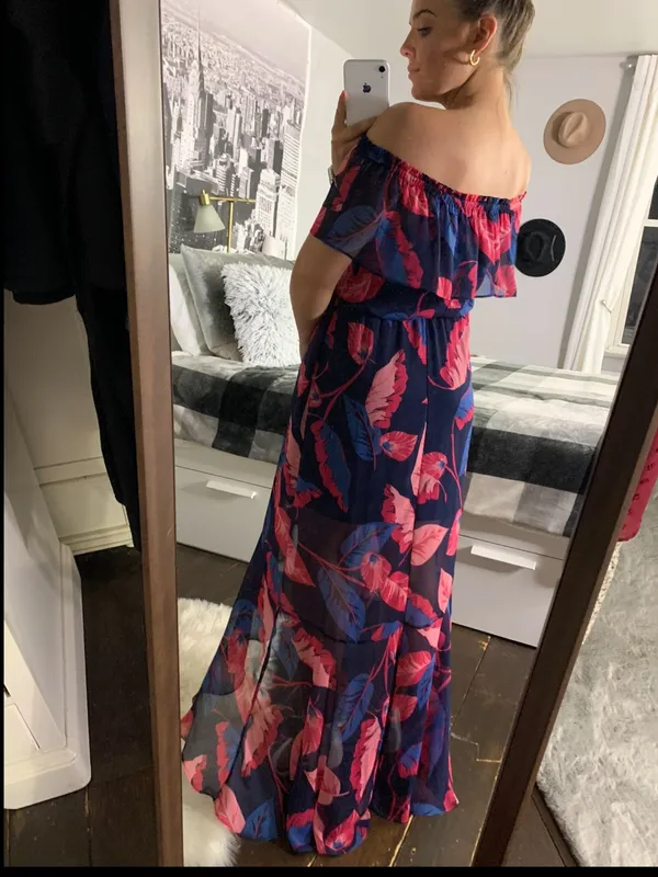 Express Off The Shoulder High Low Maxi Dress Size Small Vacation Tropical Flowy - Image 3