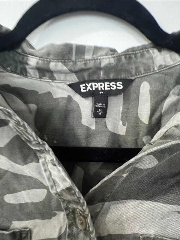 Express Gray and Olive Camo Button-Up Shirt - Image 2