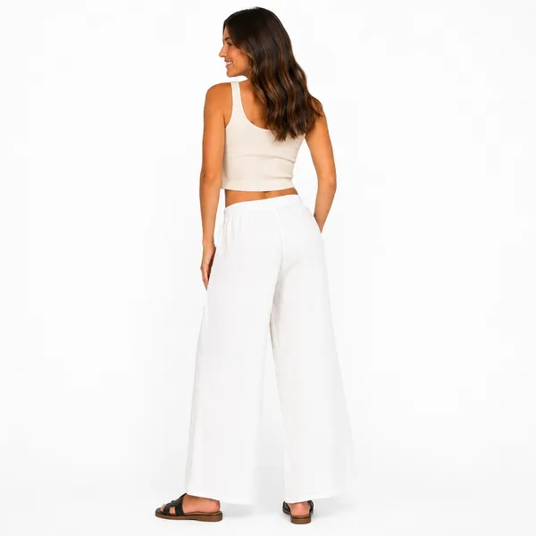 Zenana Women's Pants Size Large White Wide Leg Boho Festival Coastal Vacation - Image 2