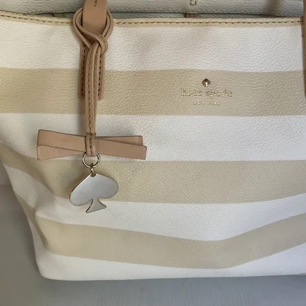 Kate Spade New York Striped Tote Bag Cream Beige Spade Charm Bow Shopper - Image 3