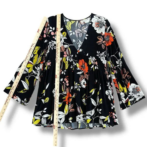 Free People Bella Tunic Top‎ Floral Babydoll Blouse Women’s L Black Multicolor - Image 4