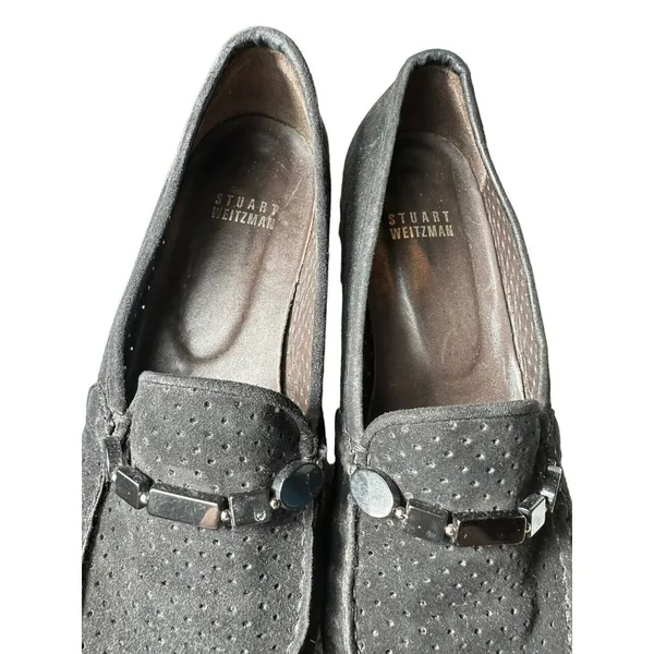 Stuart Weitzman Size‎ 8 Black Suede Perforated Beaded Chunky Heel Loafer #S87-8 - Image 5