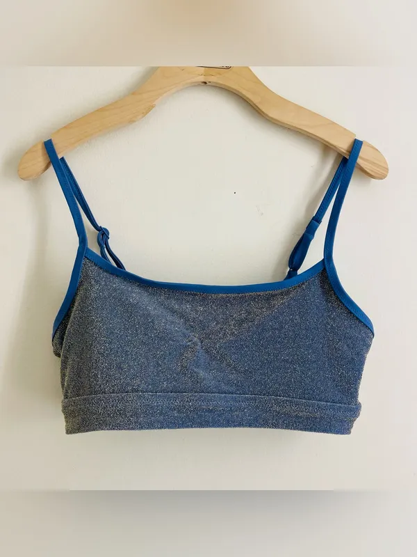 Aerie Sparkle Straight Scoop Swim Top Metallic Blue Silver Shimmer Bikini Size L - Image 2