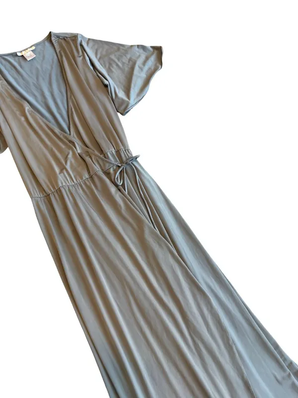 Two Birds Grey Faux Wrap Maxi Dress Flutter Sleeve Long Surplice Medium Women's - Image 7