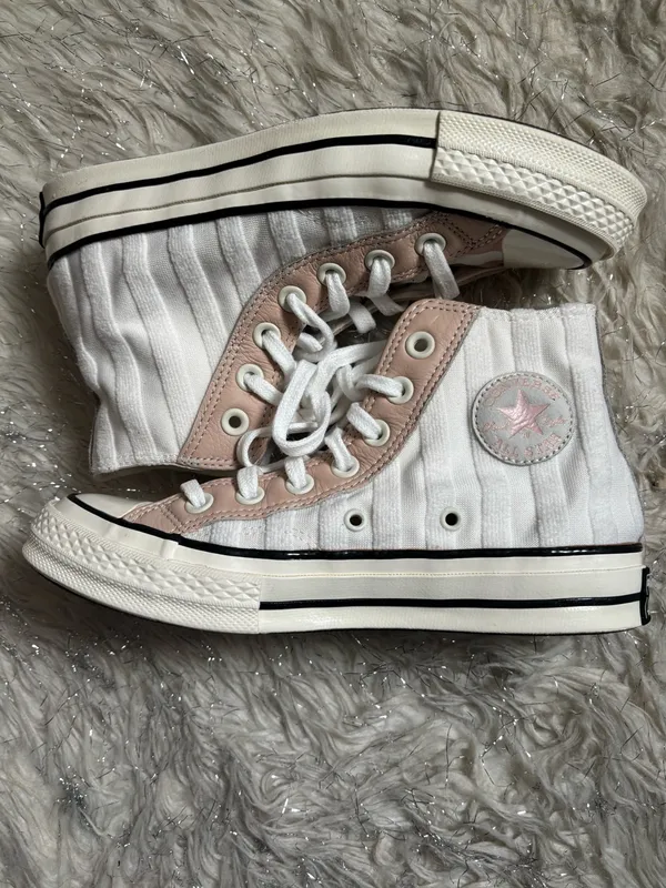 Converse White and Light Pink Women’s Chuck Striped High Top Sneakers Size 5.5US - Image 3