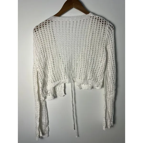 LRG White Knit Cropped Cardigan Long Sleeve Tie Front Shrug Boho Granny Cottage - Image 3