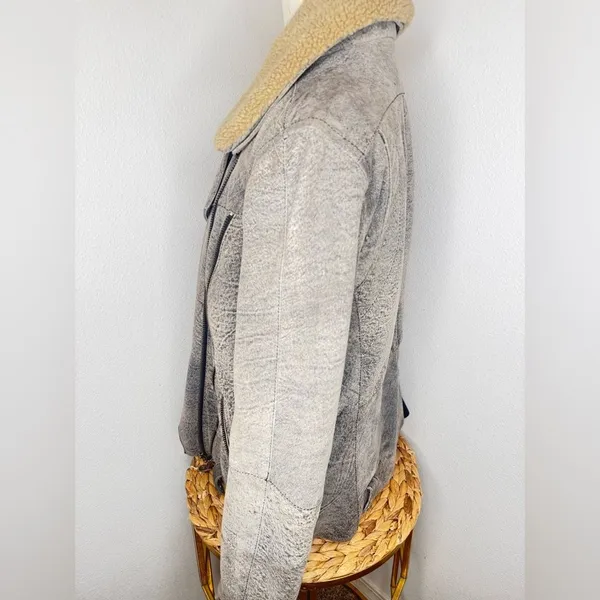 ASOS Gray Bomber Suede Leather Jacket Moto faux Sherpa Shearling Collar - Image 7