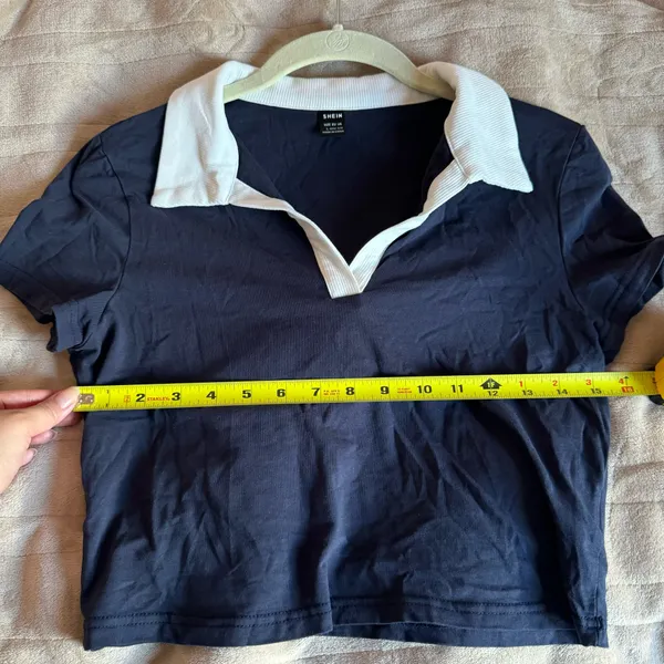 SheIn Navy Blue & White Cropped Cotton Polo T-Shirt - Image 6