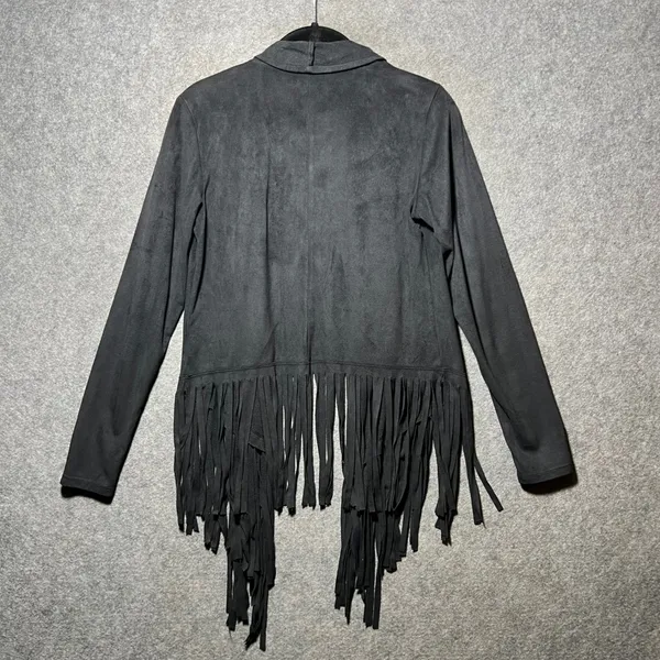 Rock & Republic Black Faux Suede Fringe Open Front Cardigan Jacket XS Waterfall - Image 6