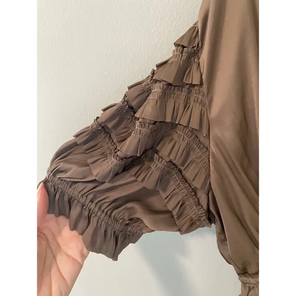 Ulla Johnson Taupe Ruched Ruffle Midi Dress Boho Size 8 - Image 6