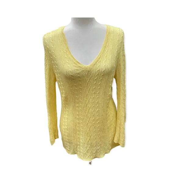 LRL Ralph Lauren citrus yellow linen sweater cable knit v-neck size Medium M - Image 3