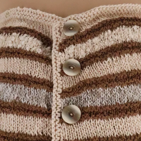 Striped Cropped Cardigan Sweaters Womens Size M Brown Cream Boho Cottage Neutral - Image 2