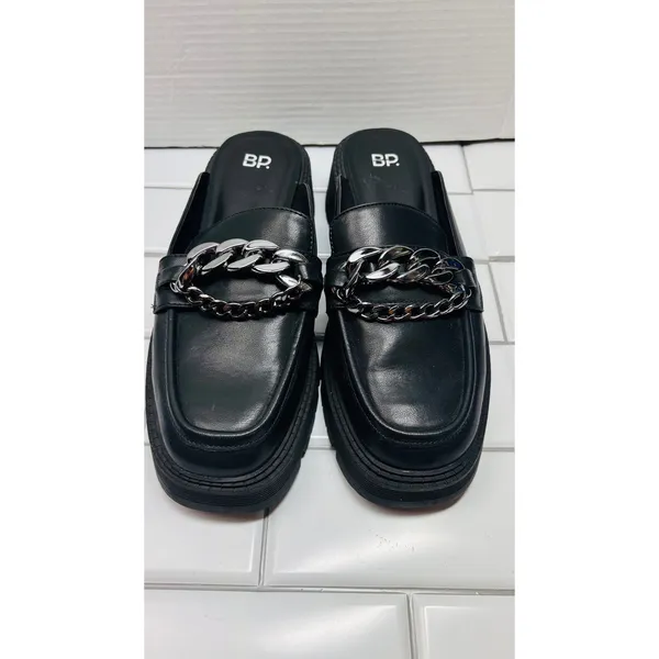 BP. Platform Loafer Mules Women 9.5 Black Excellent Chain Lug Sole Slip On Edgy - Image 4