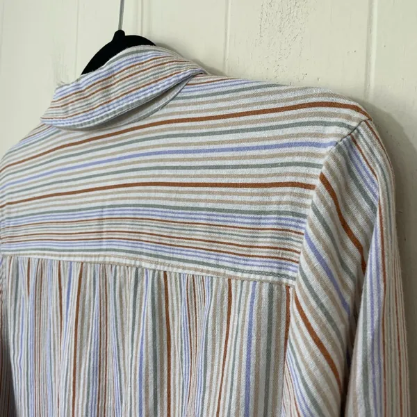 Selene Sport Vintage Linen Rayon Striped Roll Tab Sleeve Button Up Shirt ~ Sz L - Image 8
