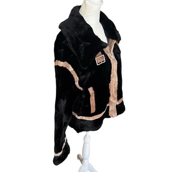 Faux Shearling Aviator Jacket Black Tan Faux Fur Moto Coat S - Image 3