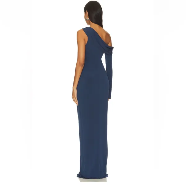 KATIE MAY Deep‎ Sea Blue MOJAVE Single Long Sleeve HIGH SLIT Ruched GOWN XS - Image 5