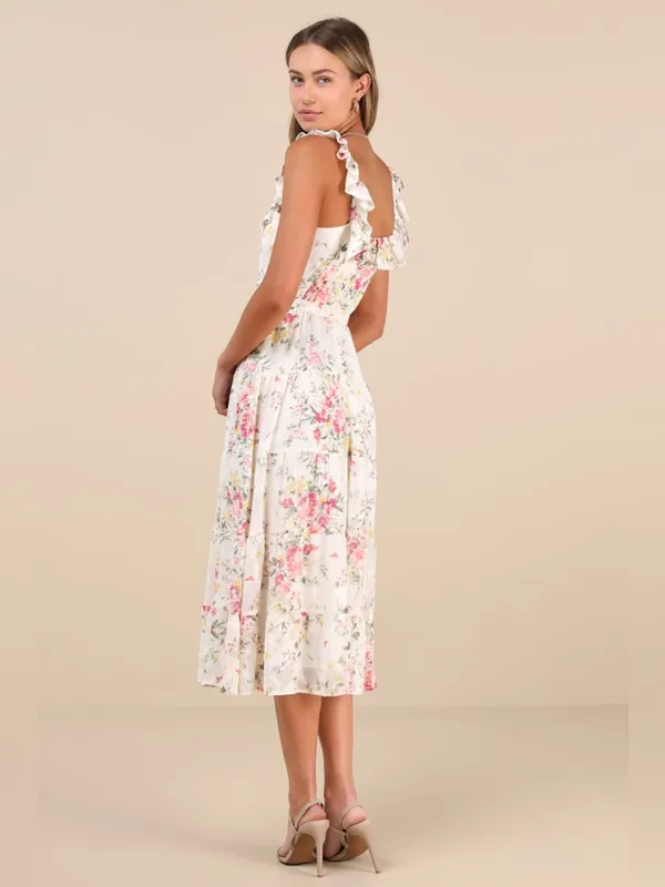 Lulus Shela Ivory Floral Jacquard Tiered Midi Dress Size Small Sleeveless Flirty - Image 2