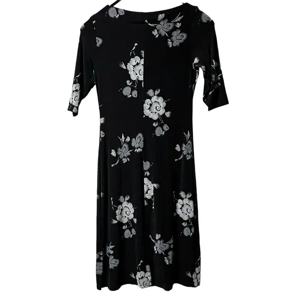 Vintage 90's Y2K Floral Midi Dress Black La Belle‎ Size Large Made In USA - Image 2