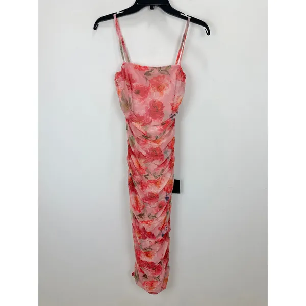 Lulus Blossoming Excellence Pink Floral Mesh Ruched Midi Dress Party XS NWT - Image 5