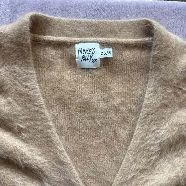Princess Polly Fuzzy Wool Blend Cardigan Tan Beige Gold Button Sweater XS/S - Image 2